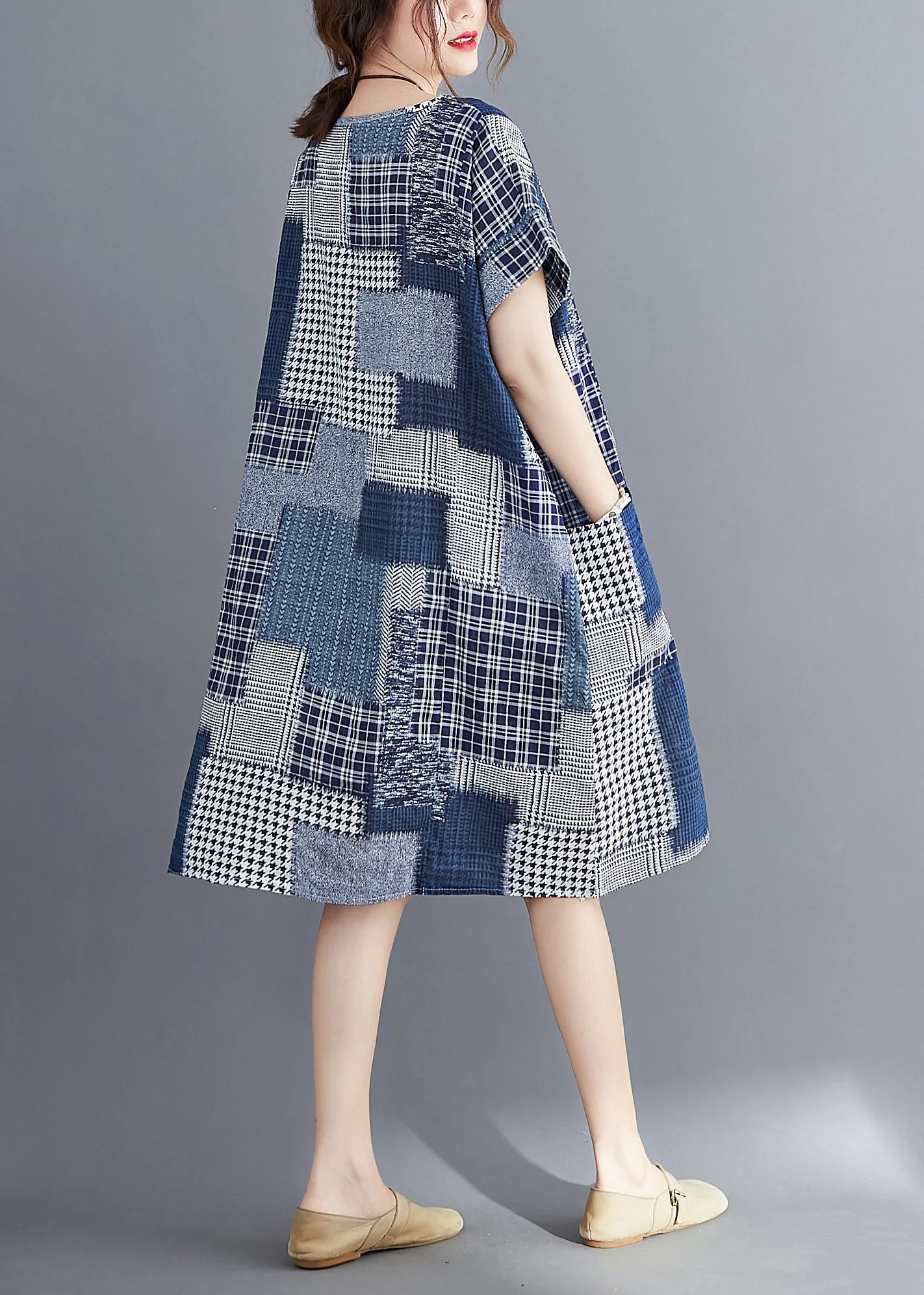Navy Print Cotton Long Dress O-Neck Pockets Summer - Image 4