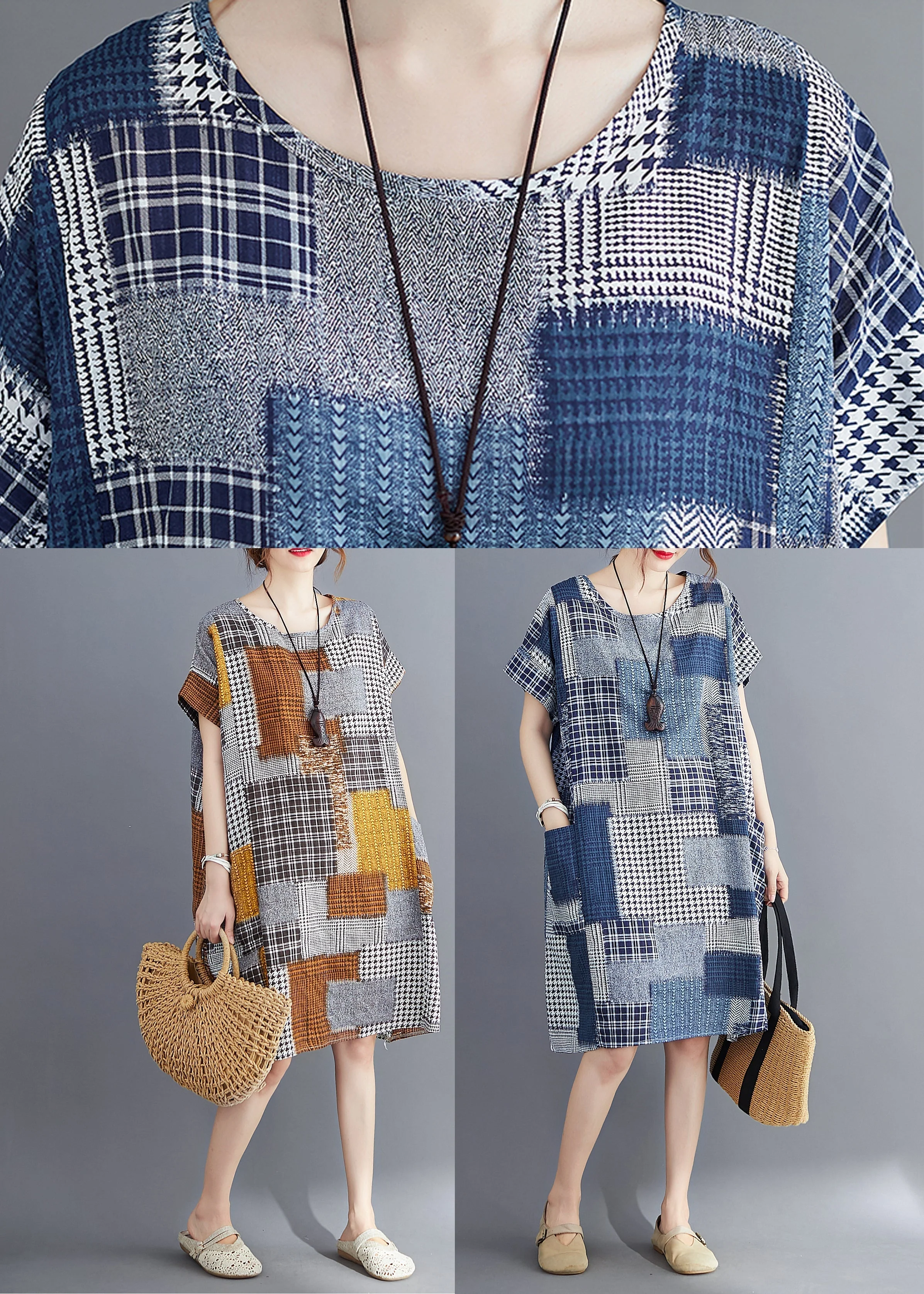Navy Print Cotton Long Dress O-Neck Pockets Summer - Image 5