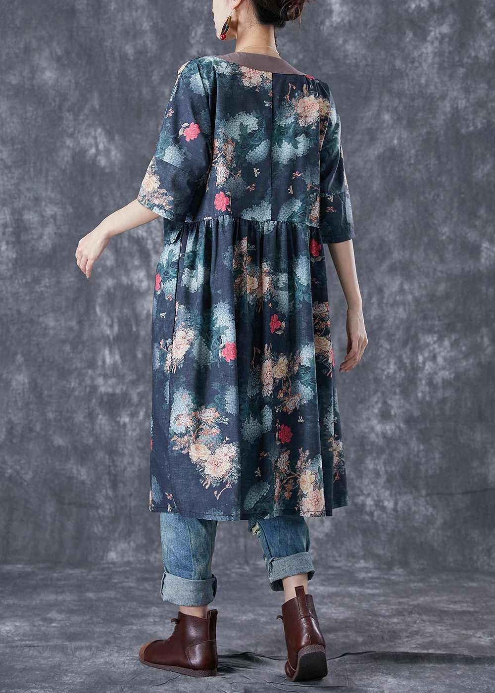 Navy Print Linen Vacation Dress Lace Up Fake Two Piece Summer - Image 4