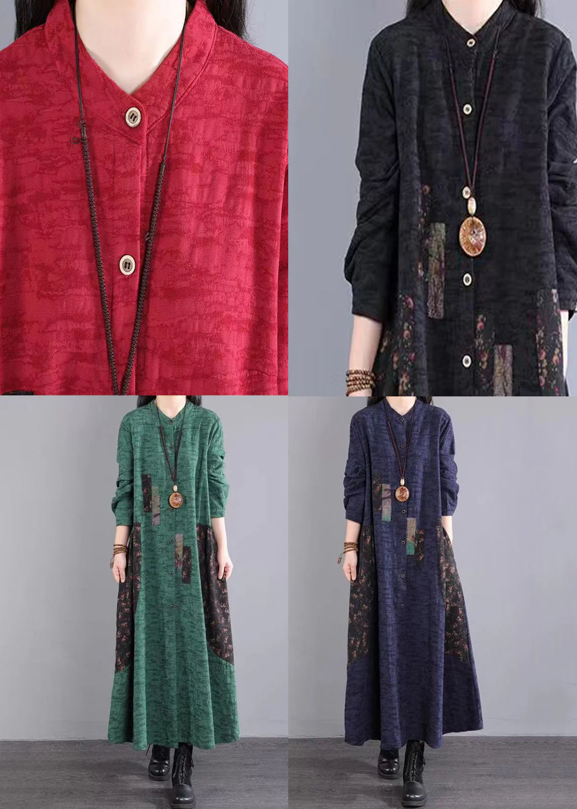 Navy Print Pockets Patchwork Cotton Long Dress Stand Collar Fall - Image 4