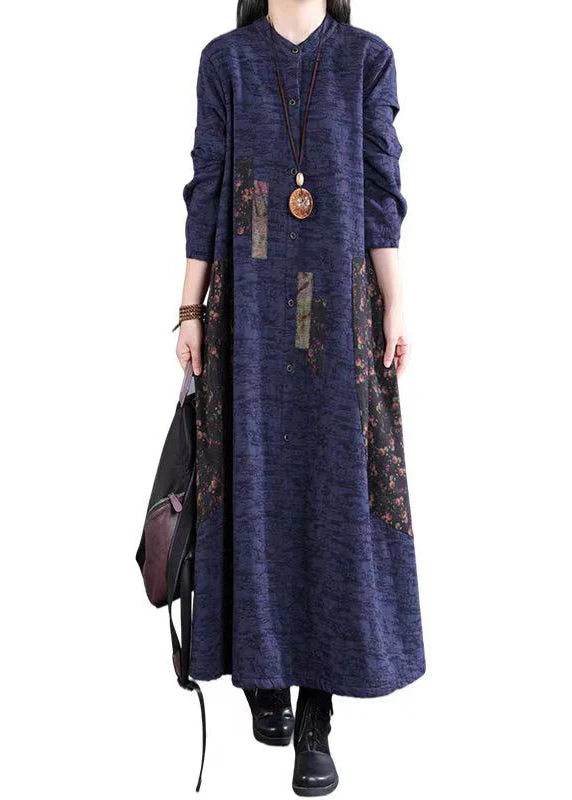 Navy Print Pockets Patchwork Cotton Long Dress Stand Collar Fall - Image 5
