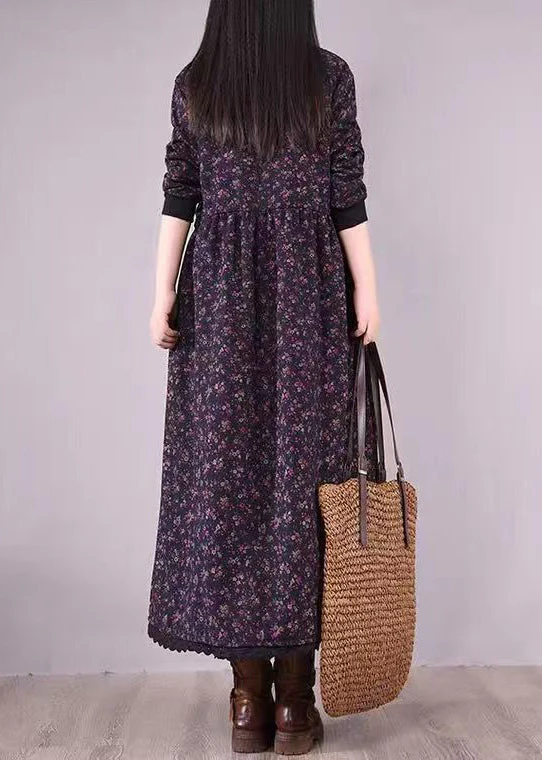 Navy Print Pockets Patchwork Warm Fleece Dresses Drawstring Winter - Image 2