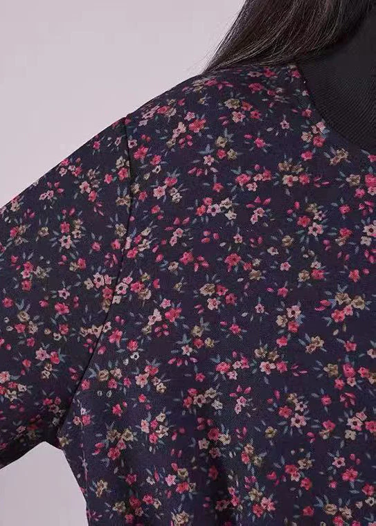 Navy Print Pockets Patchwork Warm Fleece Dresses Drawstring Winter - Image 3