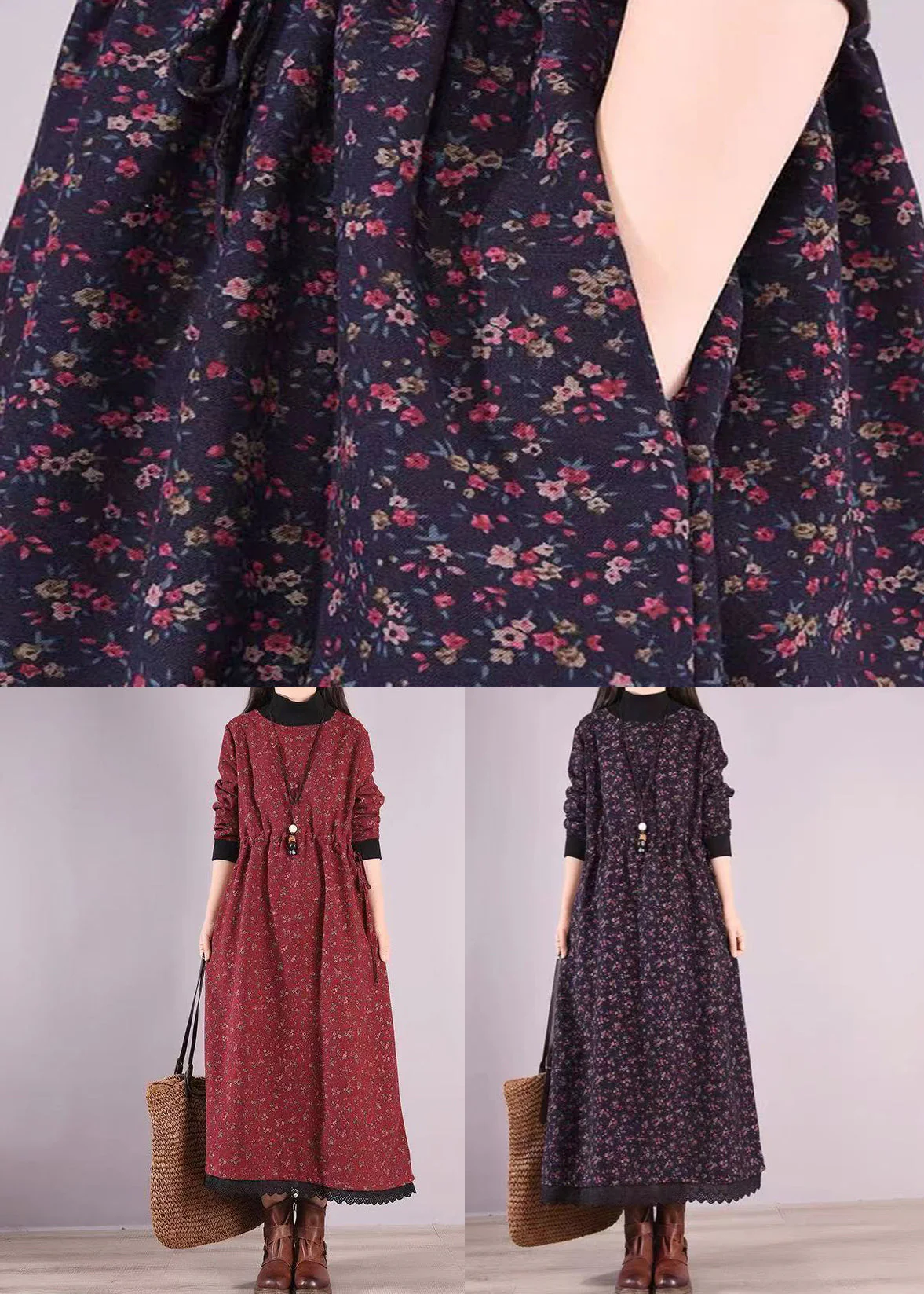 Navy Print Pockets Patchwork Warm Fleece Dresses Drawstring Winter - Image 5