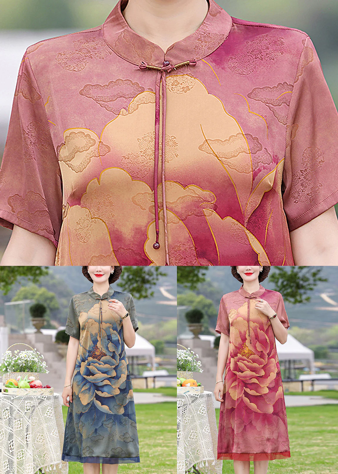 Navy Print Pockets Silk Dresses Stand Collar Short Sleeve - Image 5