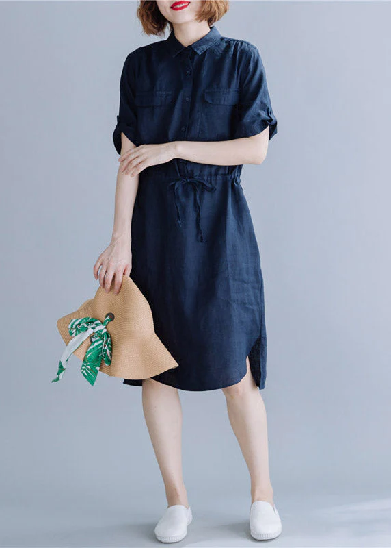 Navy side open Button Pockets Shirt Dress Short Sleeve - Image 2