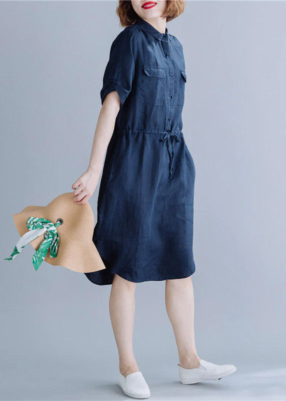 Navy side open Button Pockets Shirt Dress Short Sleeve - Image 3