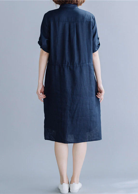 Navy side open Button Pockets Shirt Dress Short Sleeve - Image 4