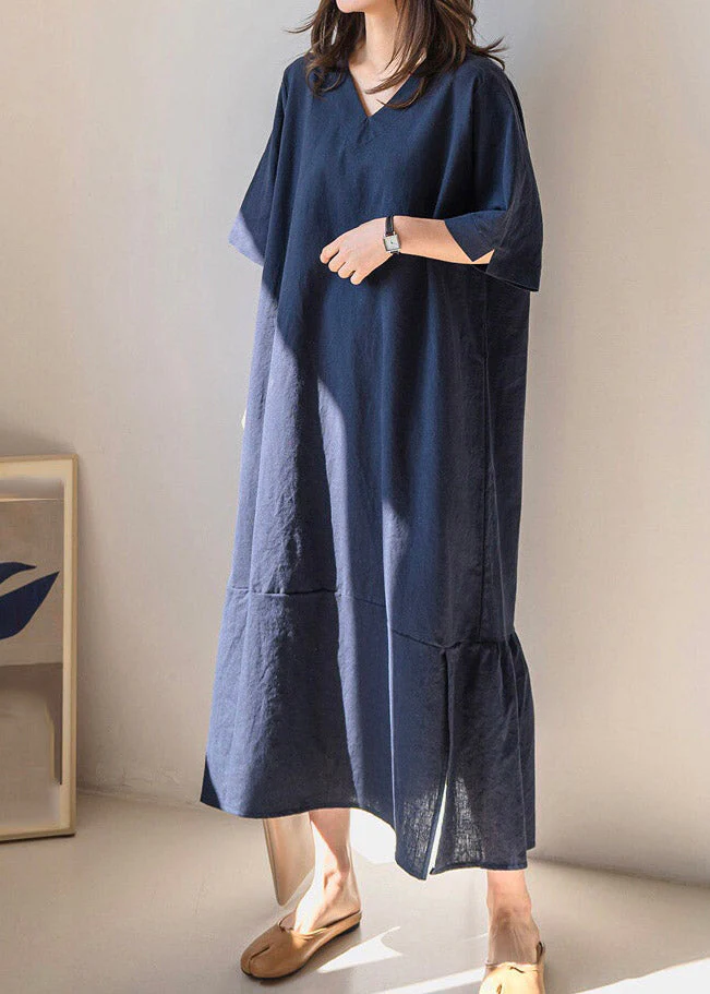 Navy Side Open Solid Long Dresses Short Sleeve - Image 2
