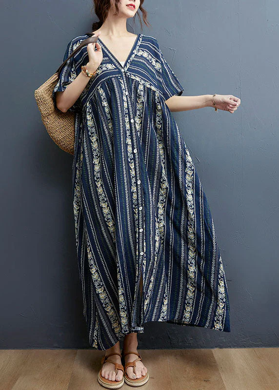 Navy Striped Print Cotton Long Dress Exra Large Hem Short Sleeve - Image 2