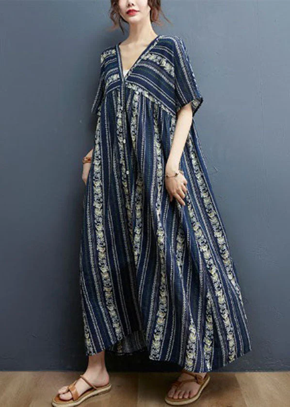 Navy Striped Print Cotton Long Dress Exra Large Hem Short Sleeve - Image 3