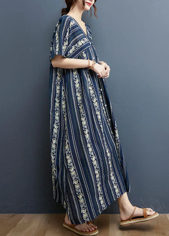 Navy Striped Print Cotton Long Dress Exra Large Hem Short Sleeve - Image 4