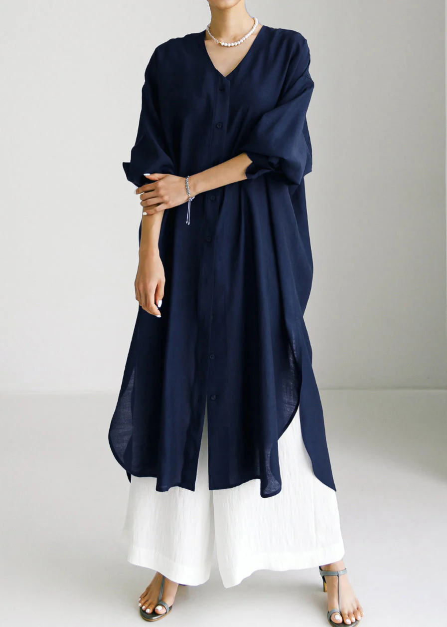 Navy V Neck Side Open Maxi Dresses Long Sleeve - Image 2