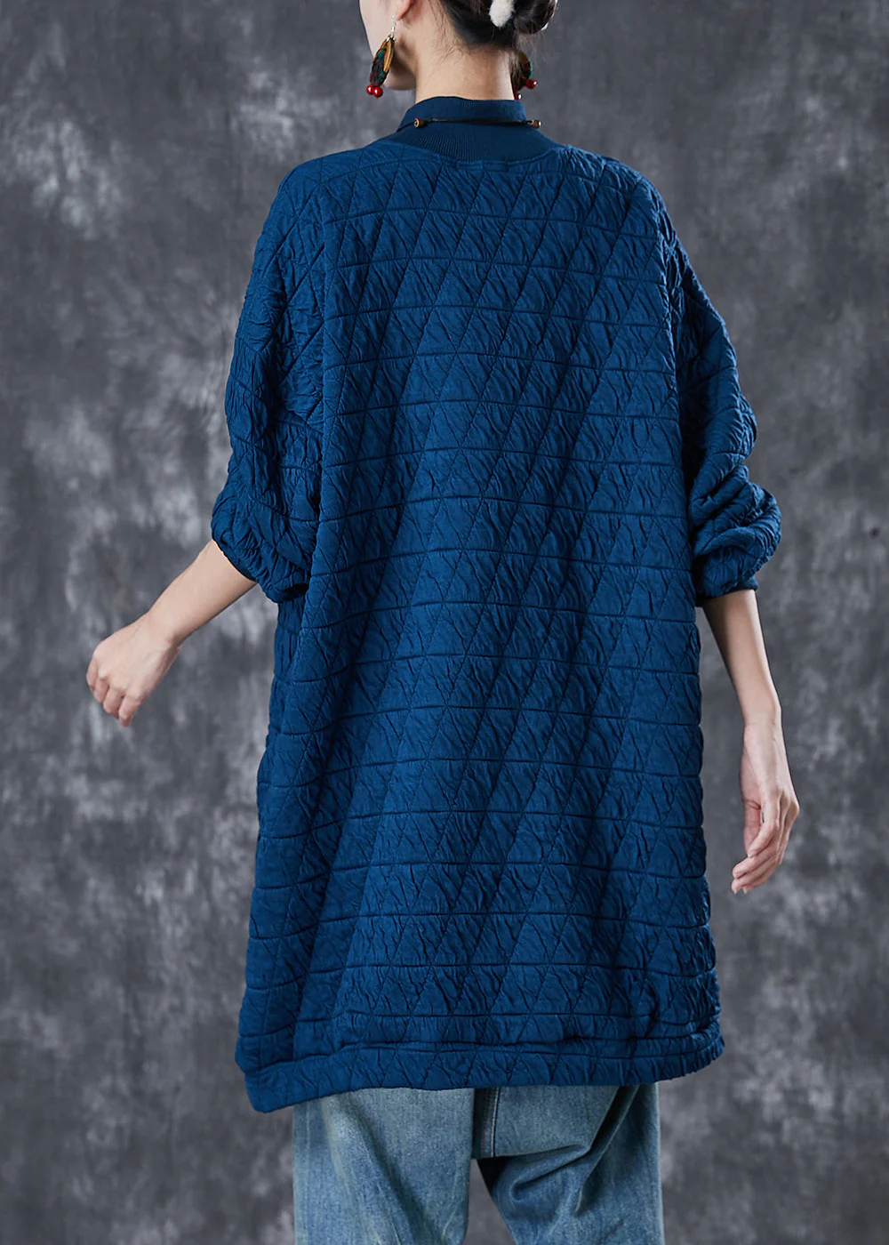 Navy Warm Fine Cotton Filled Sweatshirt Dress High Neck Pockets Winter - Image 4