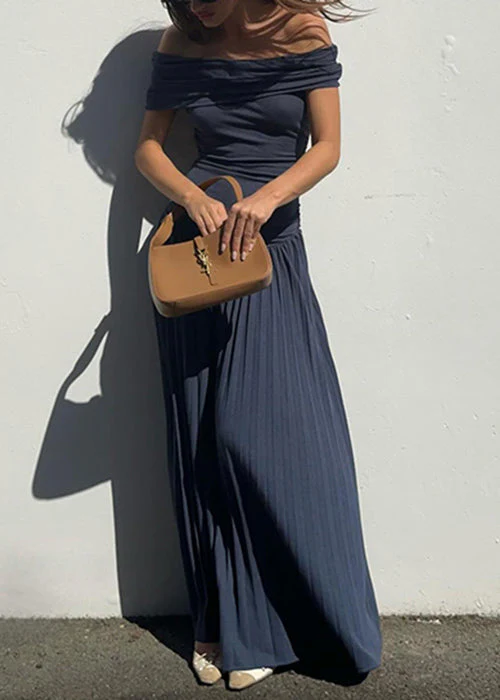 Navy Wrinkled Solid Long Dresses Slash Neck Summer - Image 2