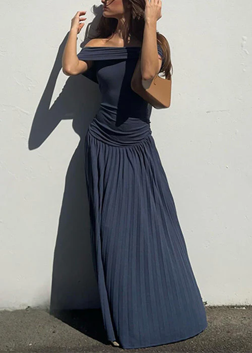 Navy Wrinkled Solid Long Dresses Slash Neck Summer - Image 3