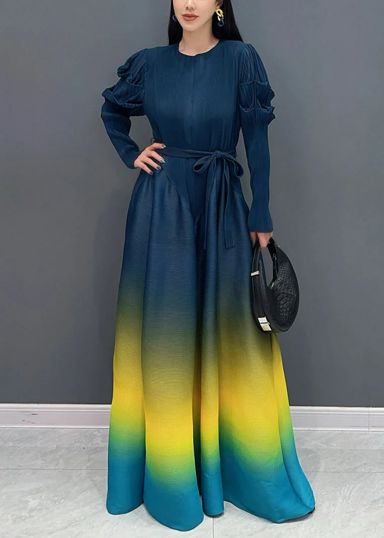 Navy Wrinkled Tie Waist Long Dresses Fall - Image 2