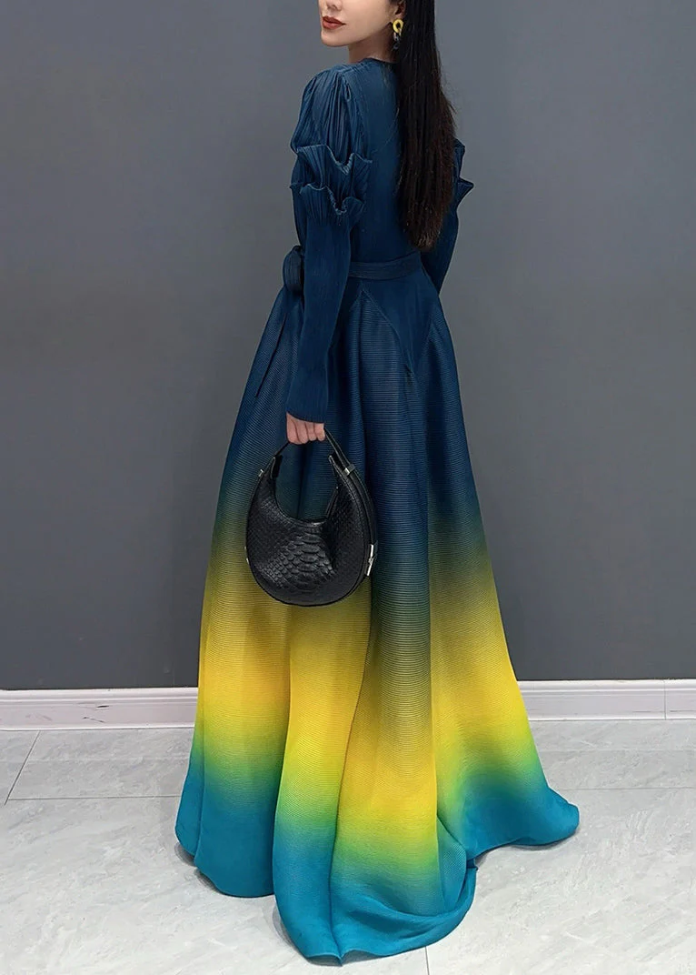 Navy Wrinkled Tie Waist Long Dresses Fall - Image 4
