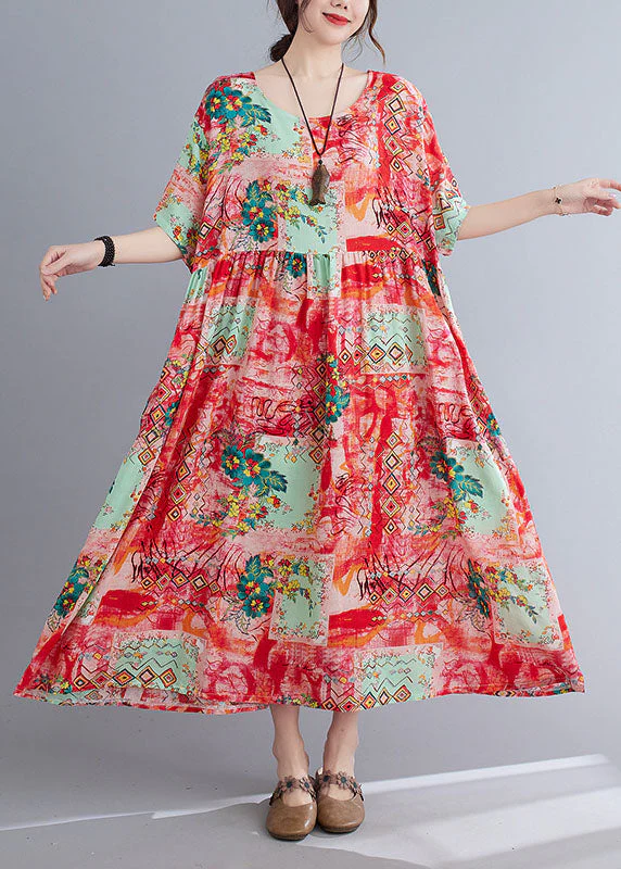 Neck Floral Loose Bohemian Casual Summer Dress For Women - Image 2