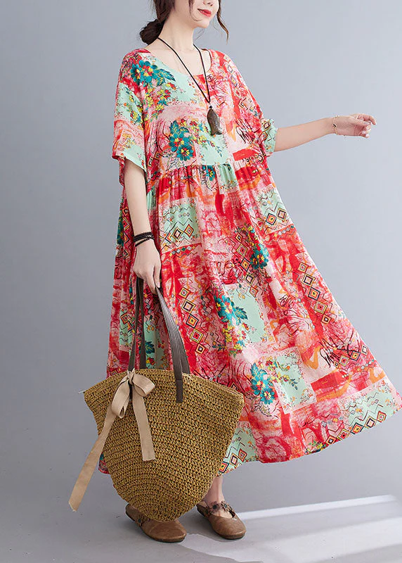 Neck Floral Loose Bohemian Casual Summer Dress For Women - Image 3