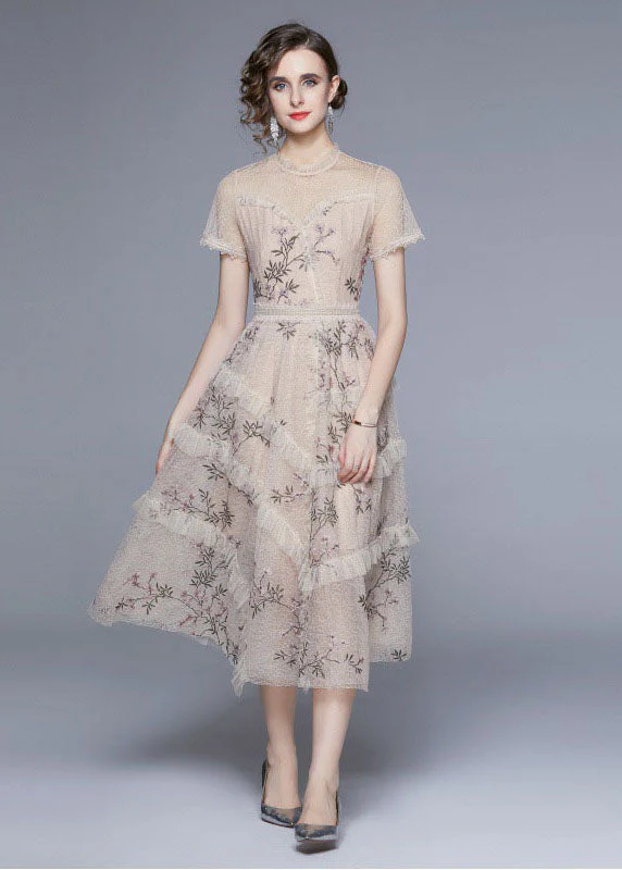 New Apricot Embroideried Ruffled Patchwork Tulle Dress Summer - Image 2
