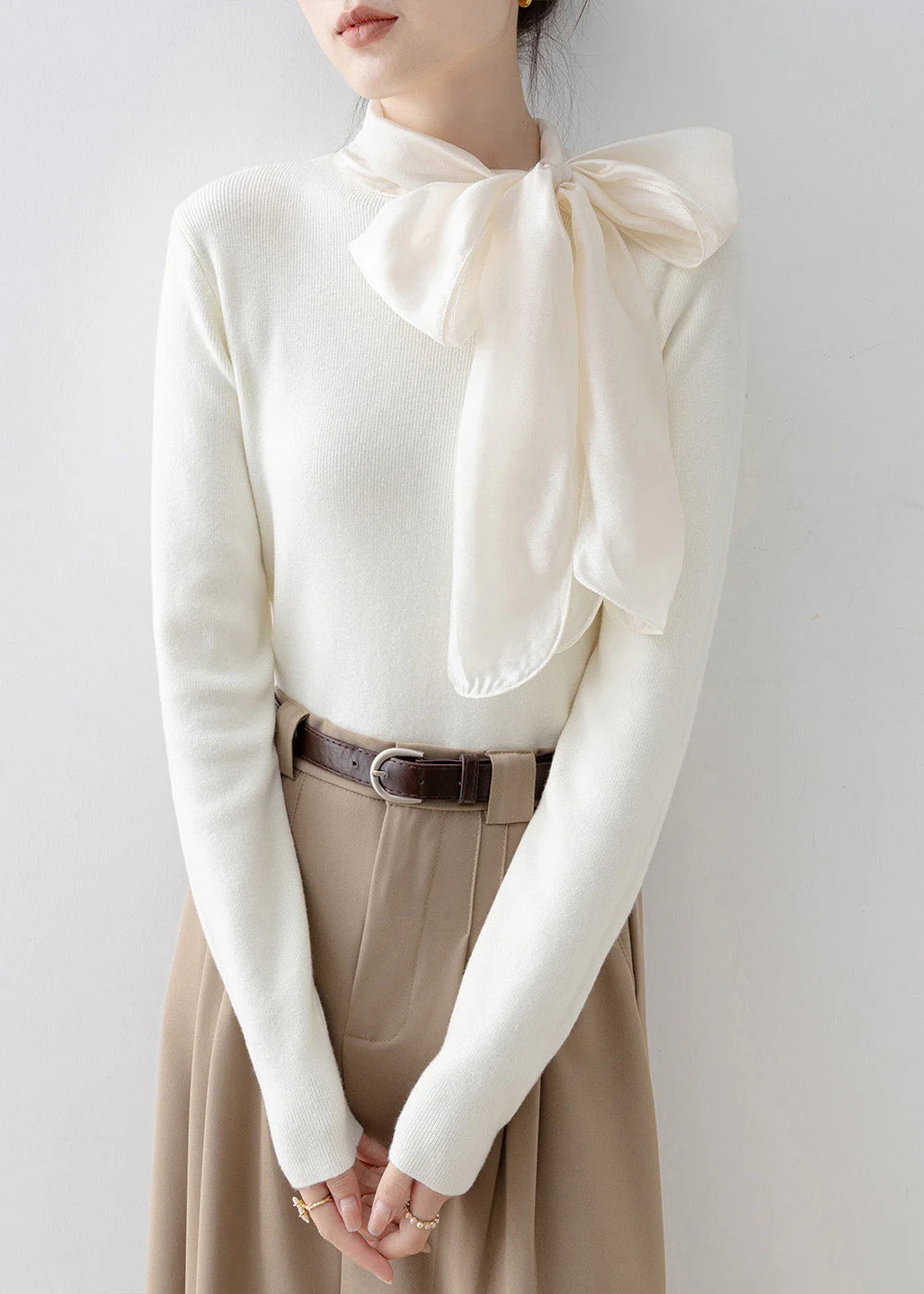 New Apricot Hign Neck Bow Patchwork Knit Sweater Spring - Image 3