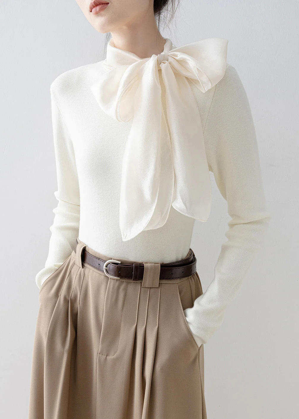 New Apricot Hign Neck Bow Patchwork Knit Sweater Spring - Image 4