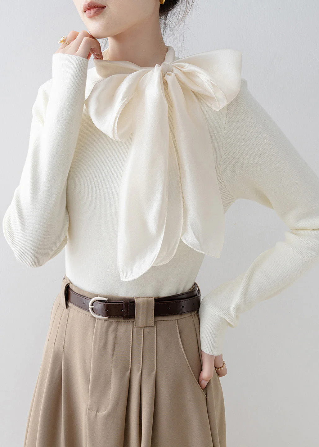 New Apricot Hign Neck Bow Patchwork Knit Sweater Spring - Image 5