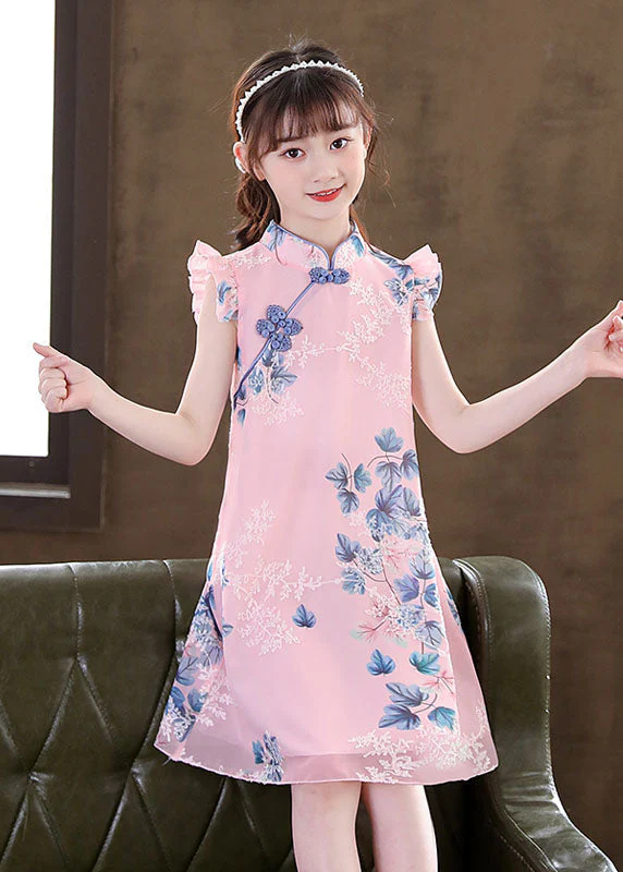 New Apricot Ruffled Print Chinese Button Patchwork Chiffon Baby Girls Dresses Summer - Image 4