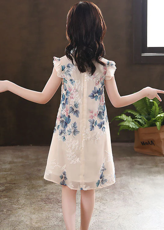 New Apricot Ruffled Print Chinese Button Patchwork Chiffon Baby Girls Dresses Summer - Image 5