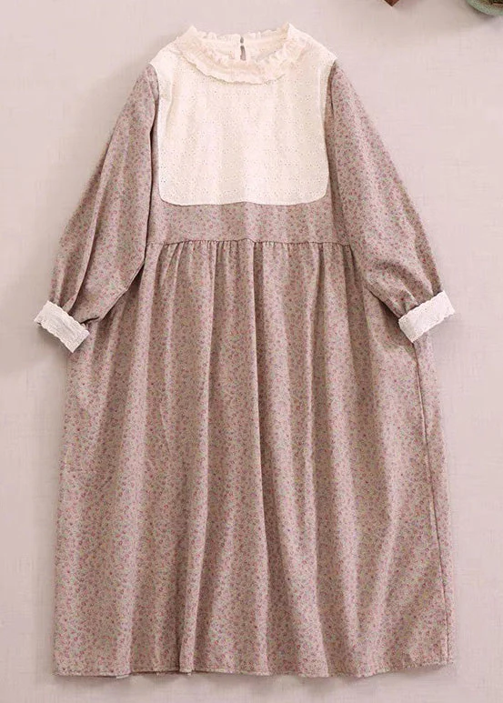 New Apricot Ruffled Print Hollow Out Cotton Long Dress Spring - Image 2