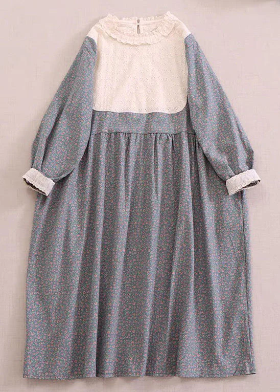 New Apricot Ruffled Print Hollow Out Cotton Long Dress Spring - Image 3