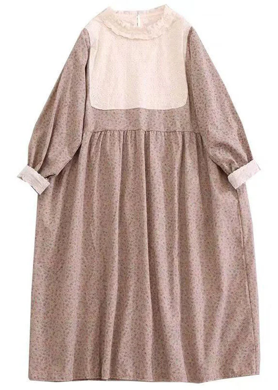 New Apricot Ruffled Print Hollow Out Cotton Long Dress Spring - Image 5