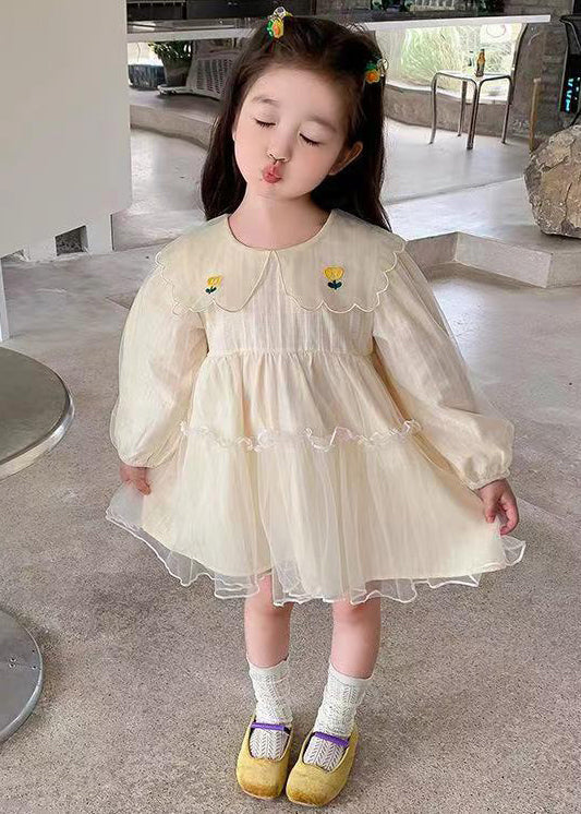 New Apricot Ruffled Tulle Girls Mid Dresses Long Sleeve - Image 2