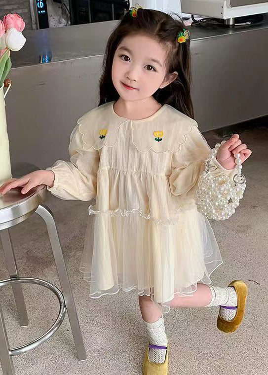 New Apricot Ruffled Tulle Girls Mid Dresses Long Sleeve - Image 3