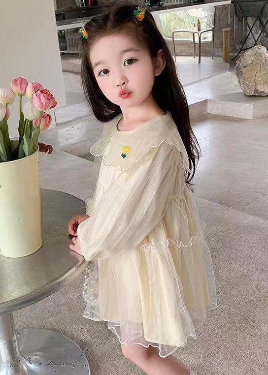 New Apricot Ruffled Tulle Girls Mid Dresses Long Sleeve - Image 4