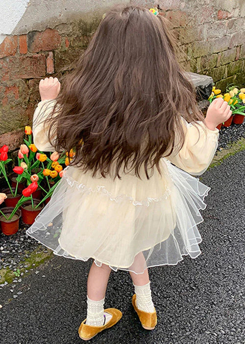 New Apricot Ruffled Tulle Girls Mid Dresses Long Sleeve - Image 5