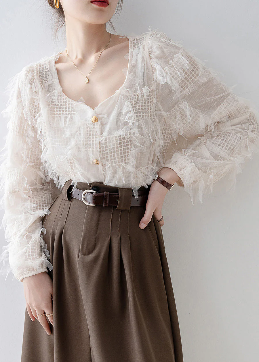 New Apricot Square Collar Tassel Patchwork Tulle Shirt Top Spring - Image 2