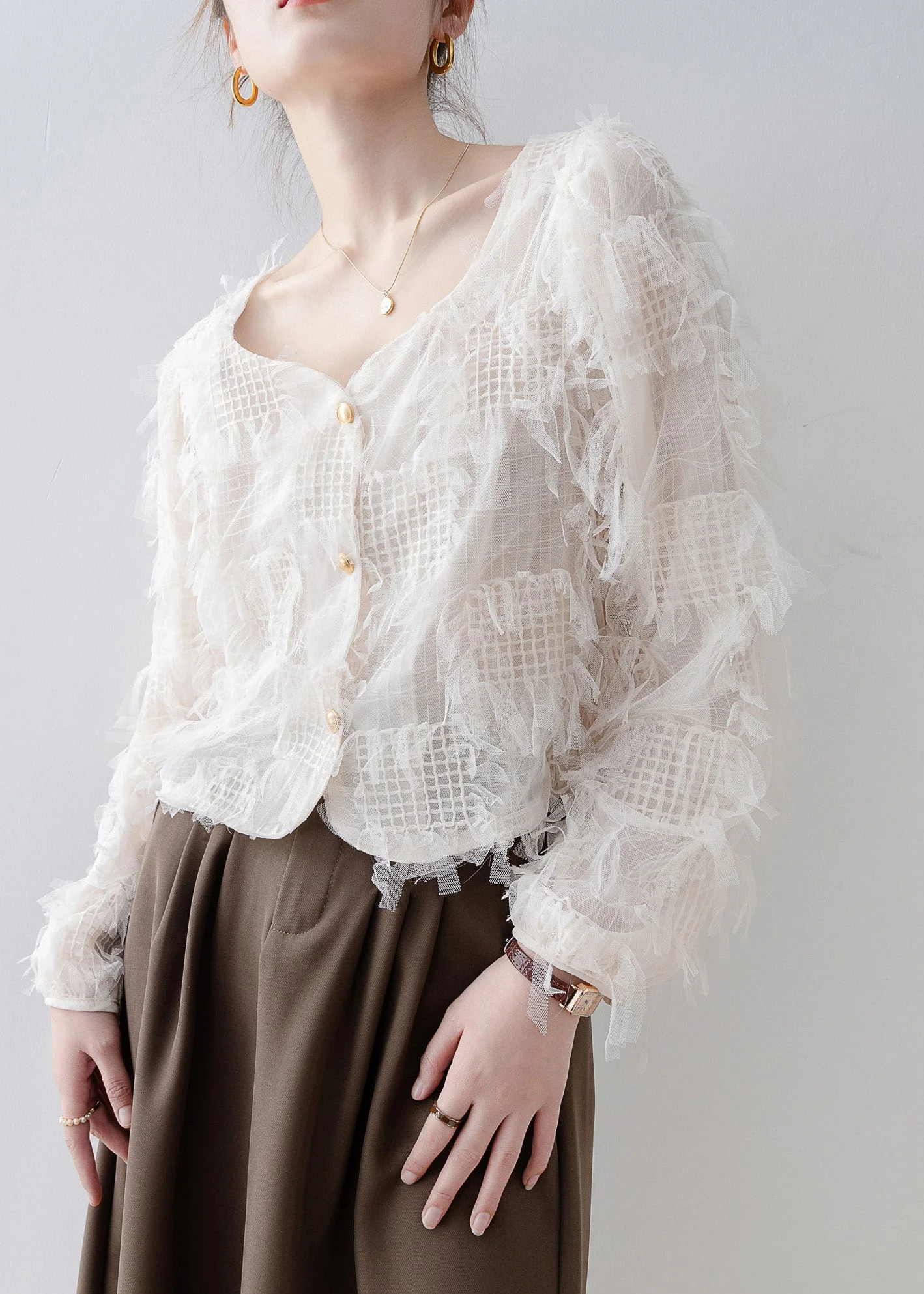 New Apricot Square Collar Tassel Patchwork Tulle Shirt Top Spring - Image 5