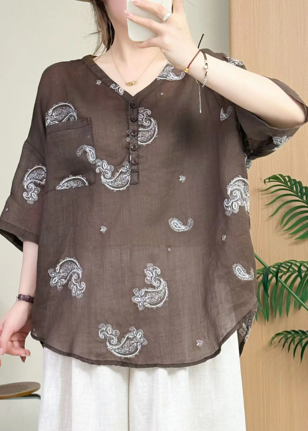 New Apricot V Neck Embroidered Linen Shirts Top Summer - Image 2