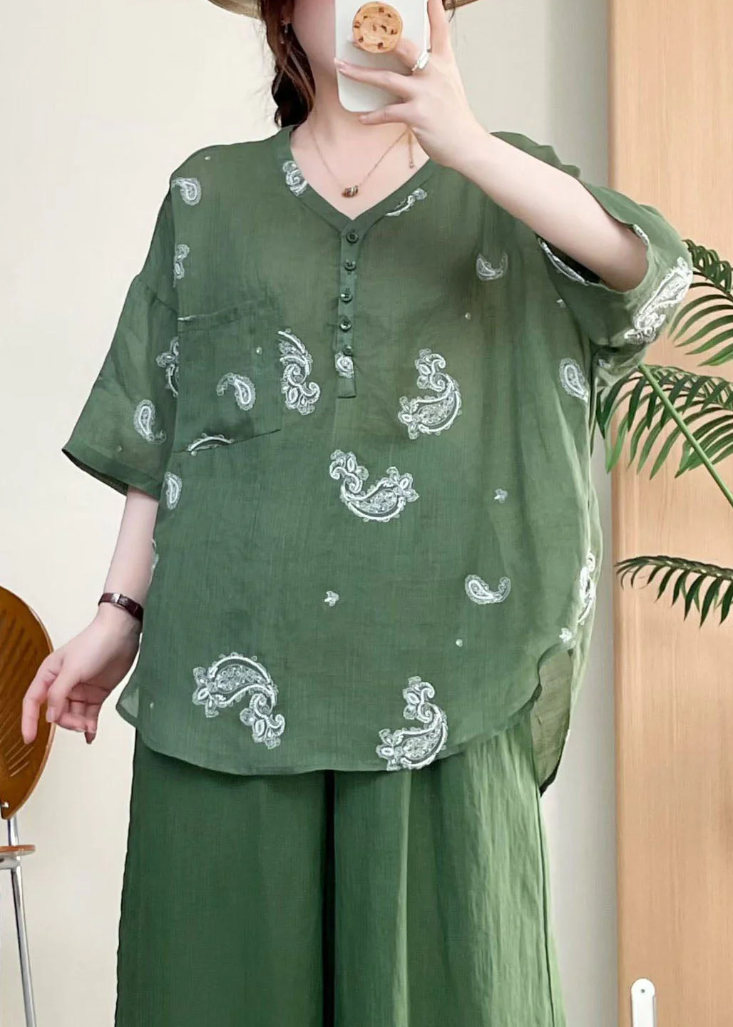 New Apricot V Neck Embroidered Linen Shirts Top Summer - Image 3
