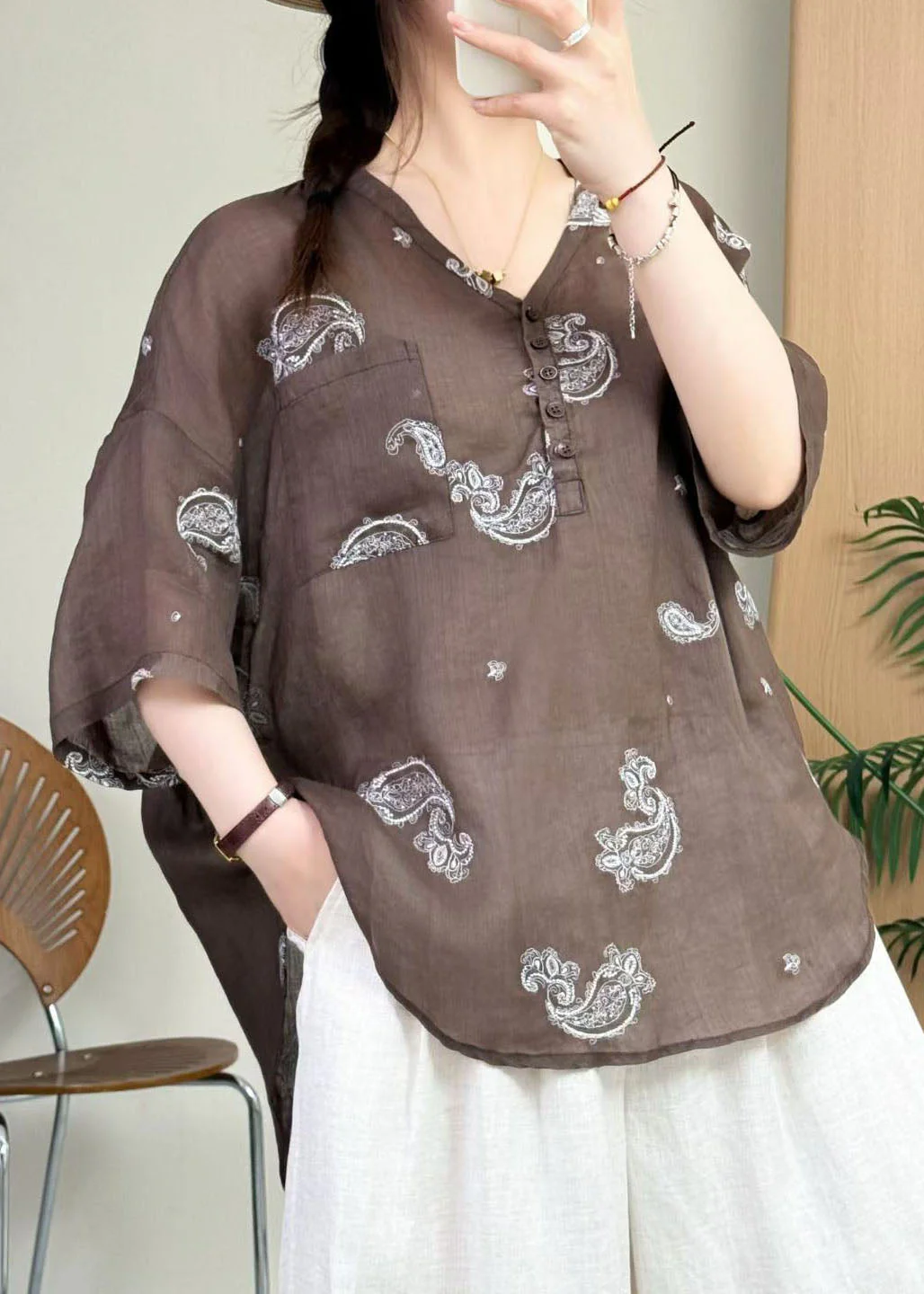 New Apricot V Neck Embroidered Linen Shirts Top Summer - Image 4
