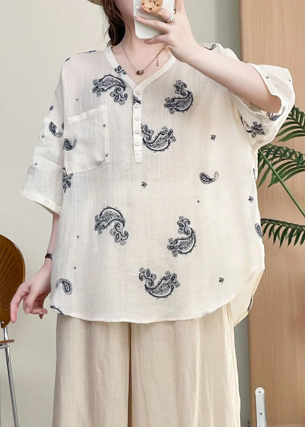 New Apricot V Neck Embroidered Linen Shirts Top Summer - Image 5