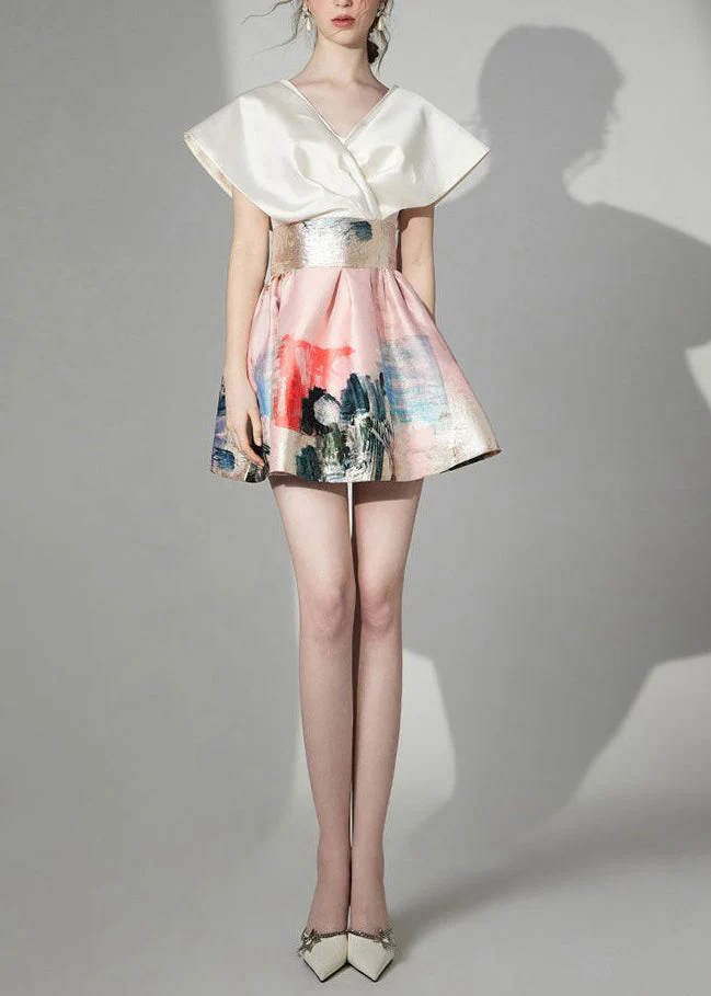 New Apricot V Neck Print Patchwork Silk Mid Dress Summer - Image 2