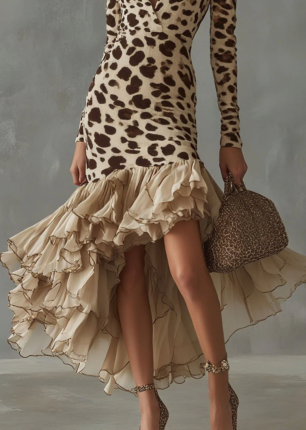 New Apricot V Neck Print Ruffled Patchwork Maxi Dress Fall - Image 4