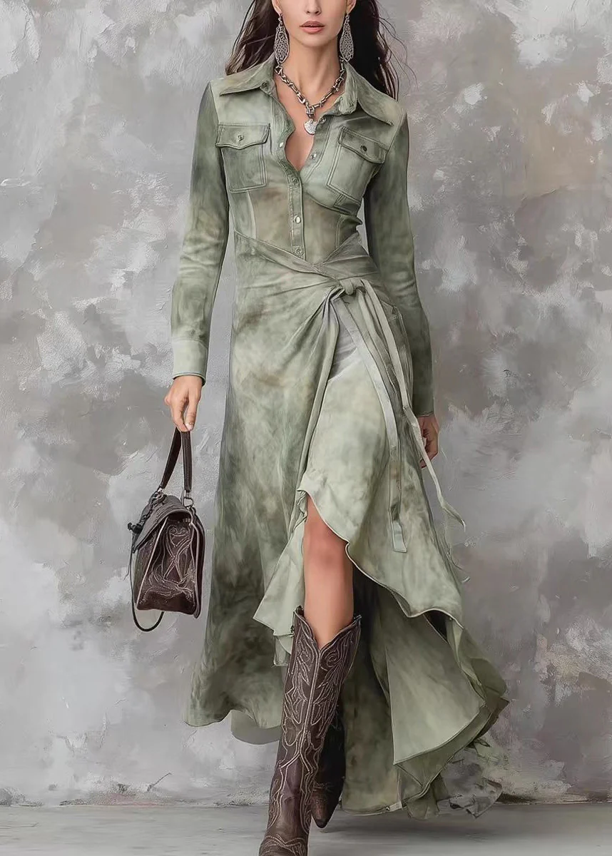New Army Green Asymmetrical Design Cotton Dress Spring