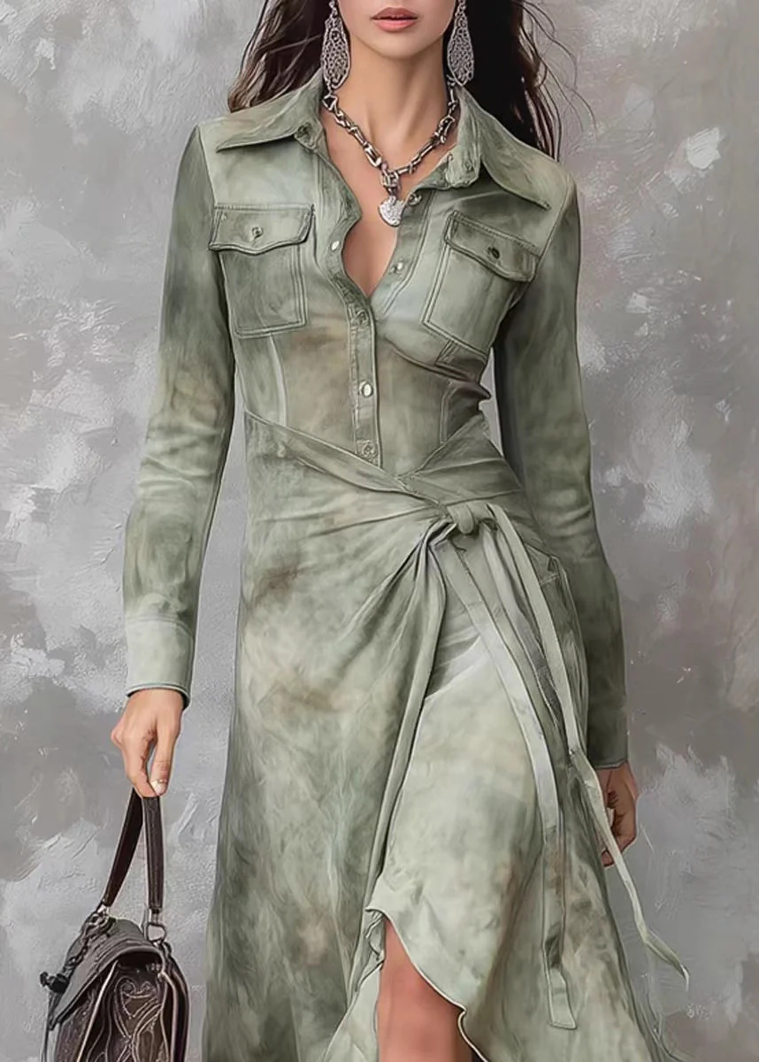 New Army Green Asymmetrical Design Cotton Dress Spring - Image 2