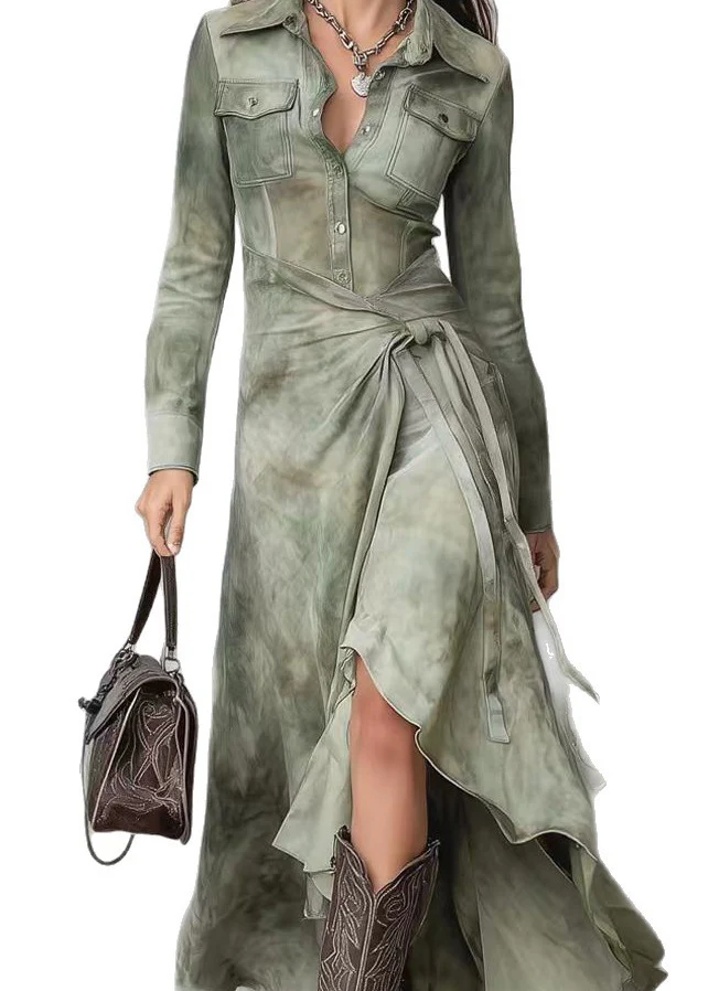 New Army Green Asymmetrical Design Cotton Dress Spring - Image 5