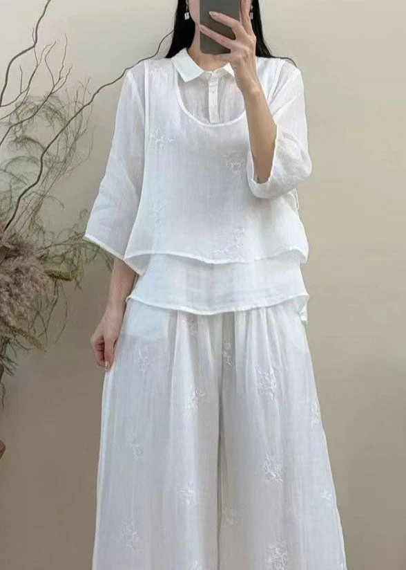 New Baby Blue Embroidered Patchwork Linen Blouse Tops Summer - Image 5