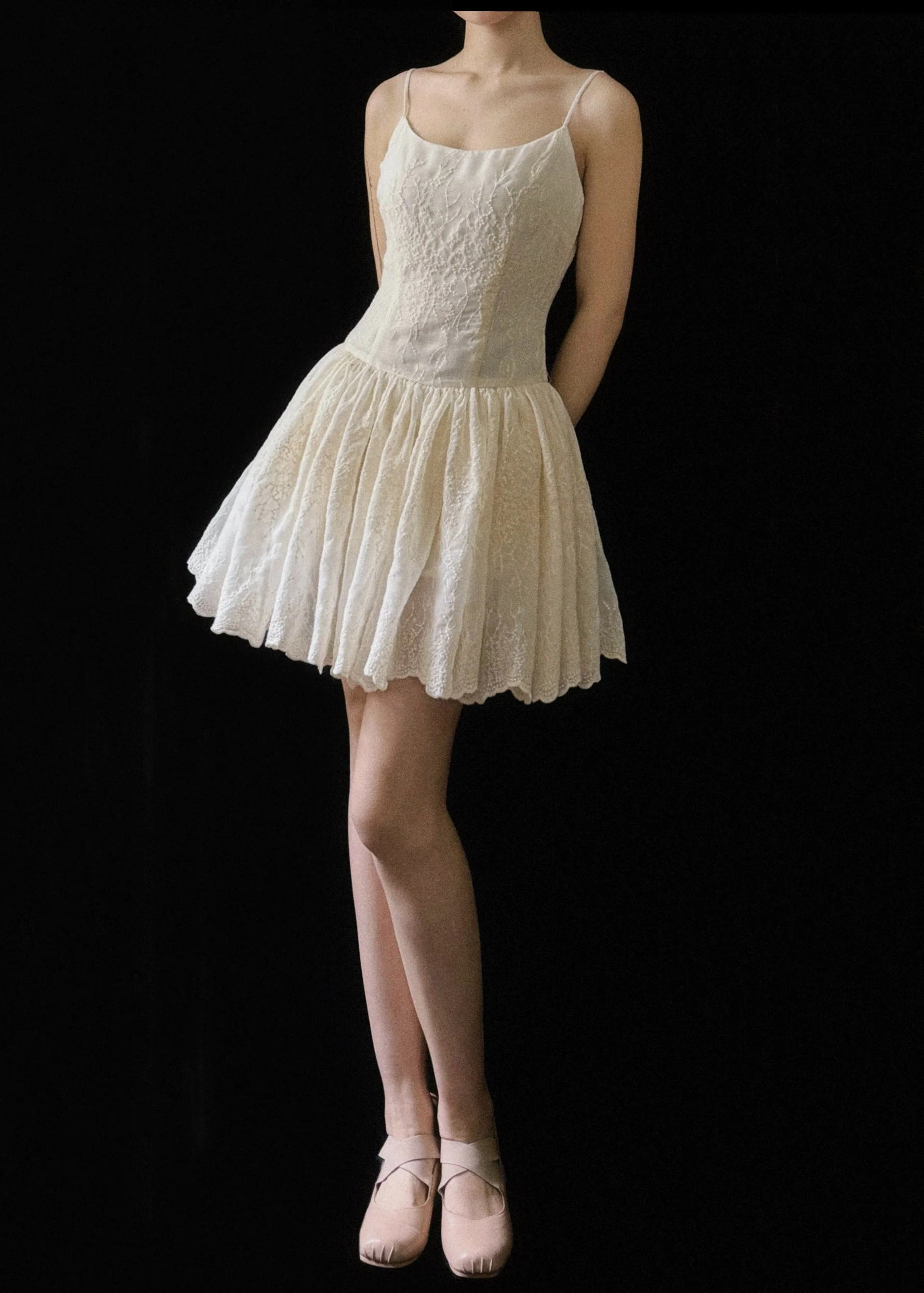 New Beige Embroidered Wrinkled Cotton Mini Dresses Sleeveless - Image 3
